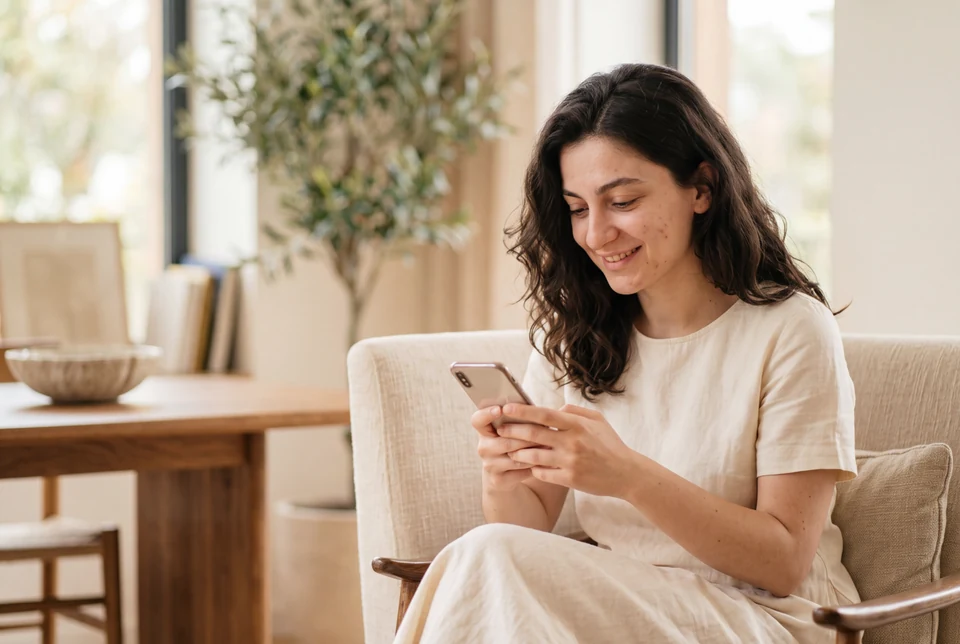Editorial illustration for testimonials: a young woman typing a message on her phone