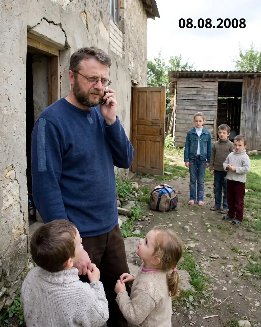 A man with children in a courtyard talking on the phone